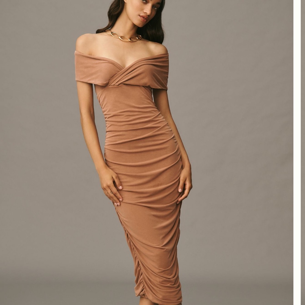 By-Anthropologie Off-the-Shoulder Ruched Slim Midi dress